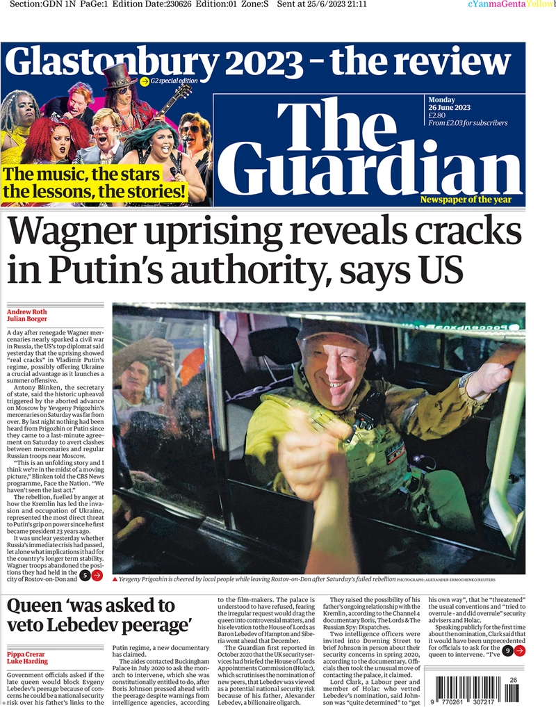 The Guardian - Wagner uprising reveals cracks in Putin’s authority, says US