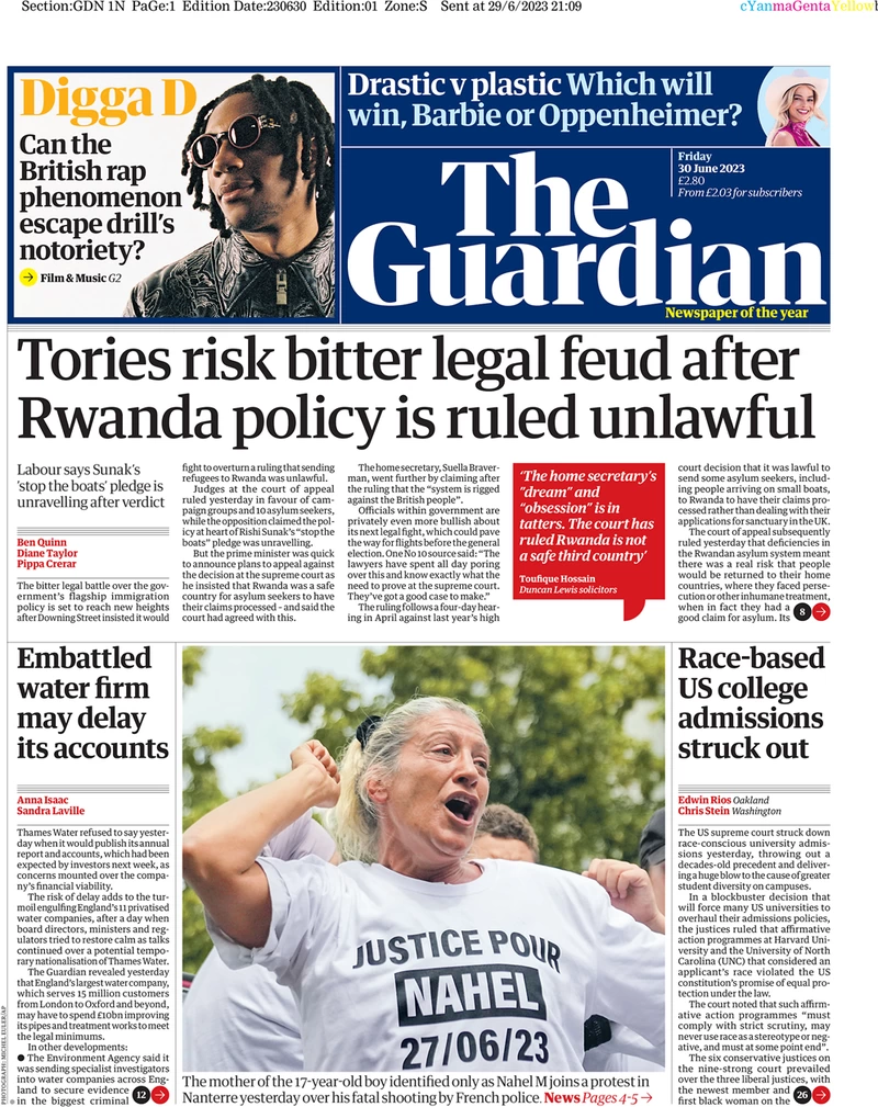 The Guardian - Tories risk bitter legal feud after Rwanda policy is ruled unlawful