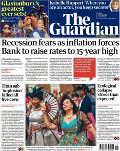 The Guardian – Recession fears as inflation forces Bank to raise interest rates to 15-year high 