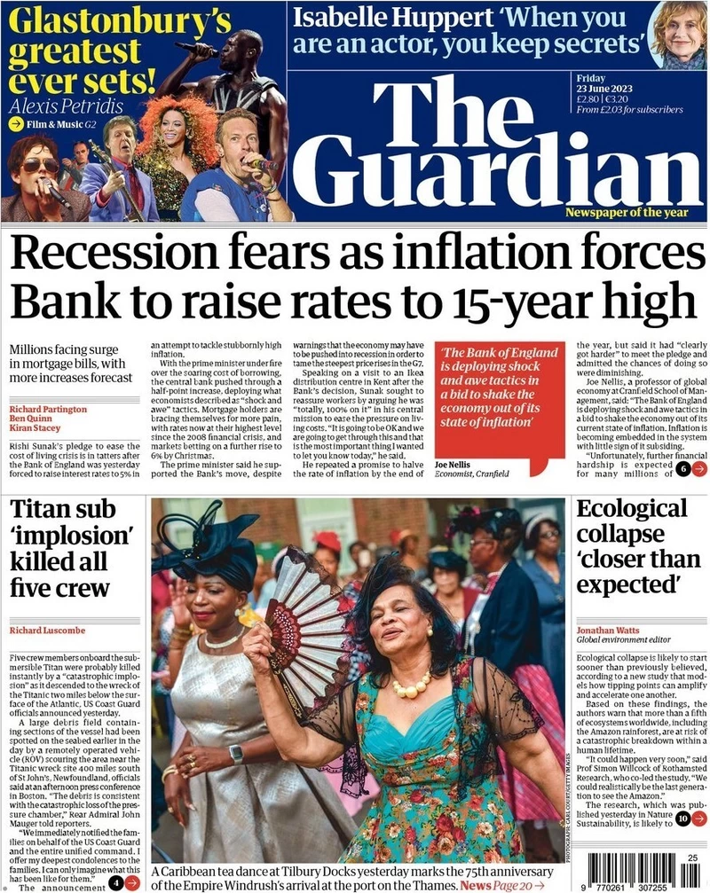 The Guardian - Recession fears as inflation forces Bank to raise interest rates to 15-year high 