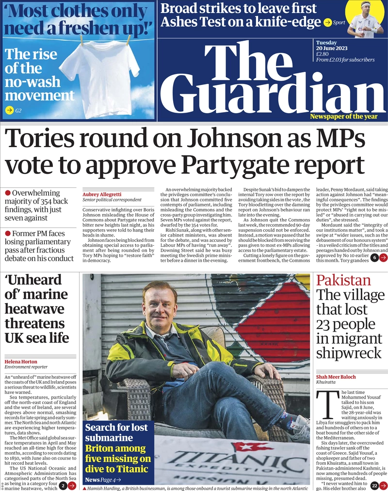 The Guardian - Tories round on Johnson as MPs vote to approve Partygate report