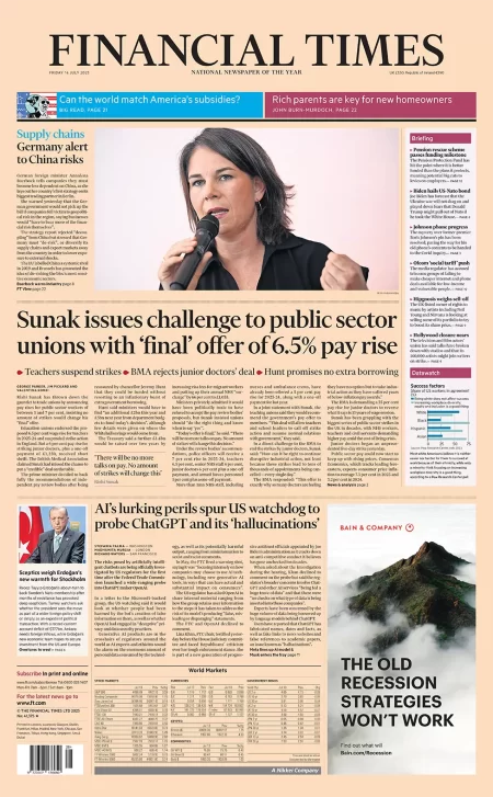 Financial Times – Sunak issues challenges to public sector unions with final offer of 6.5% pay rise 