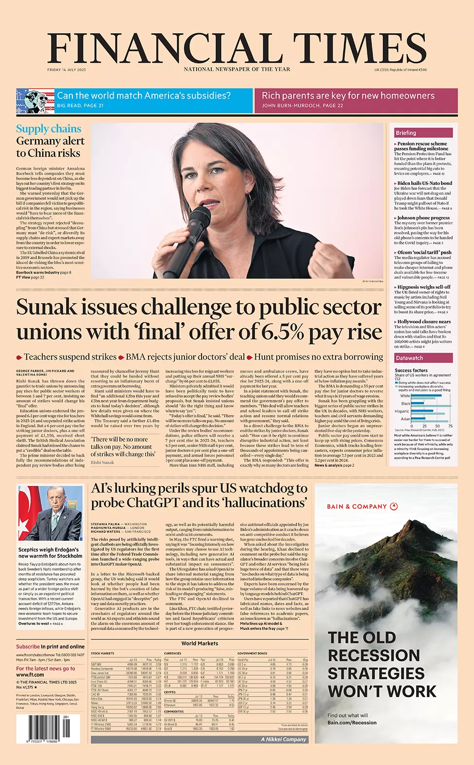 Financial Times - Sunak issues challenges to public sector unions with final offer of 6.5% pay rise 