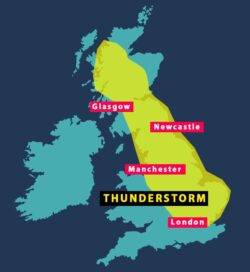 Thunderstorm warning in place for a large parts of the UK tomorrow