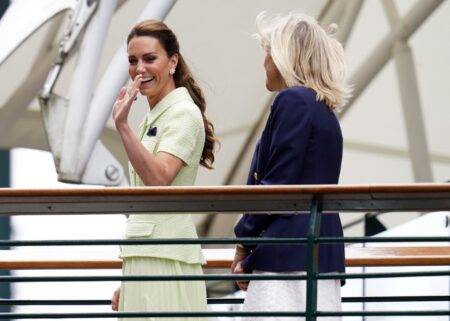 Kate Middleton is a vision in tennis ball green, sporting elegant £420 Self-Portrait dress at Wimbledon’s Centre Court