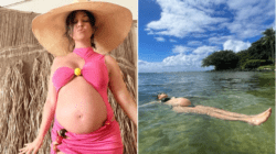 Kourtney Kardashian shows off her blossoming baby bump in cute cut-out swimwear during babymoon