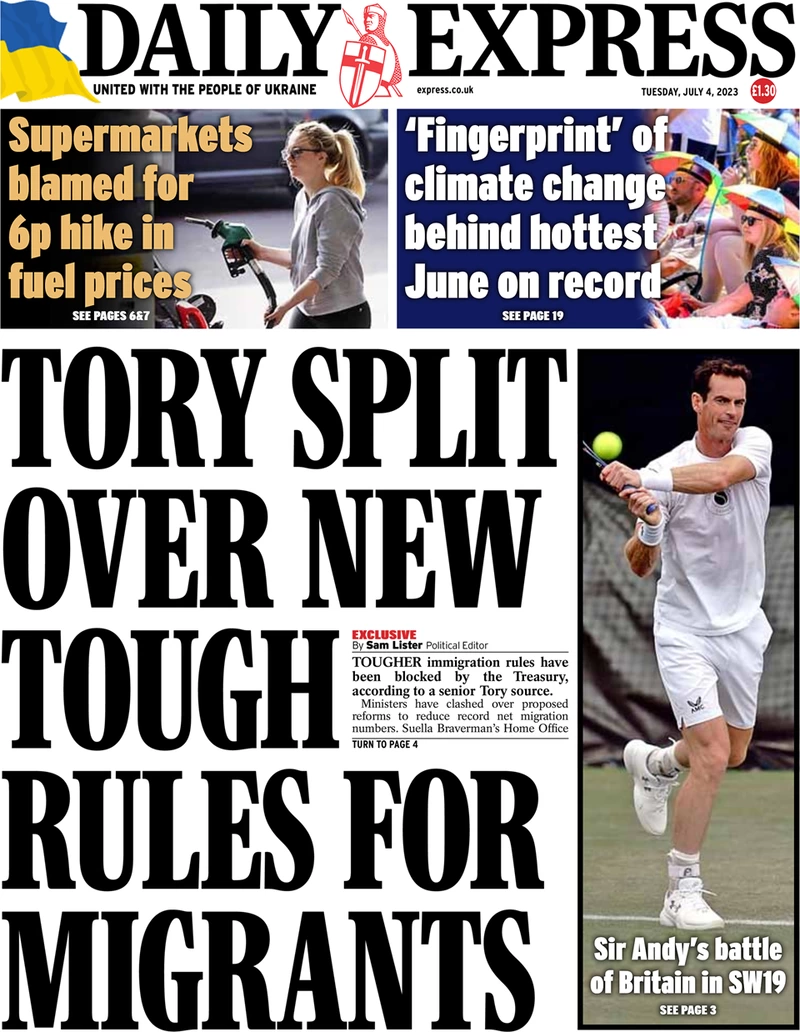 The Daily Express - Tory split over new tough rules for migrants
