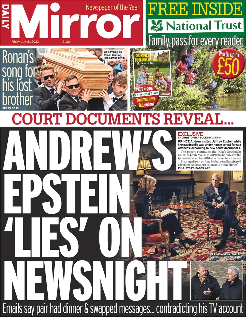 Daily Mirror - Andrew’s Epstein ‘lies’ on Newsnight