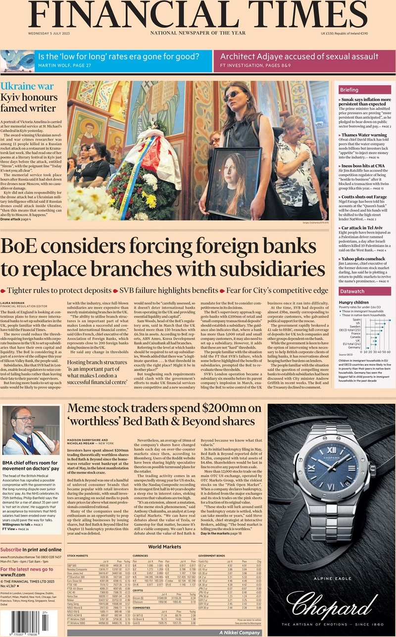 Financial Times - BoE considers forcing foreign banks to replace branches with subsidiaries 