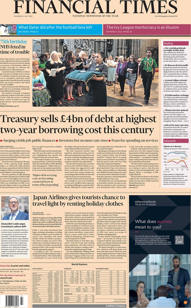 Financial Times - Treasury sells £4bn of debt at highest two-year borrowing cost this century