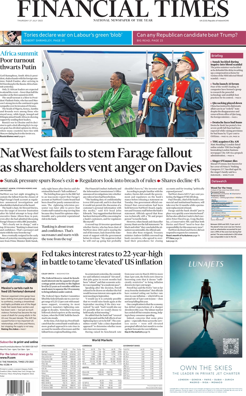 Financial Times - NatWest fails to stem Farage fallout as shareholders vent anger on Davies