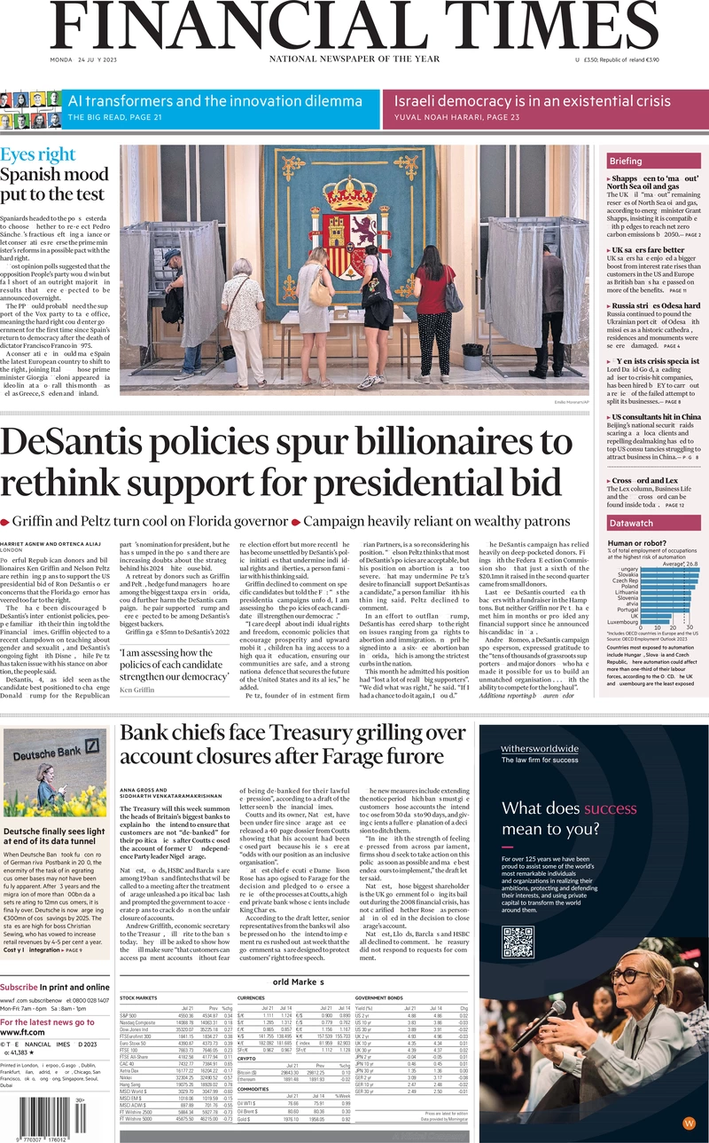 Financial Times - DeSantis policies spur billionaires to rethink support for presidential bid