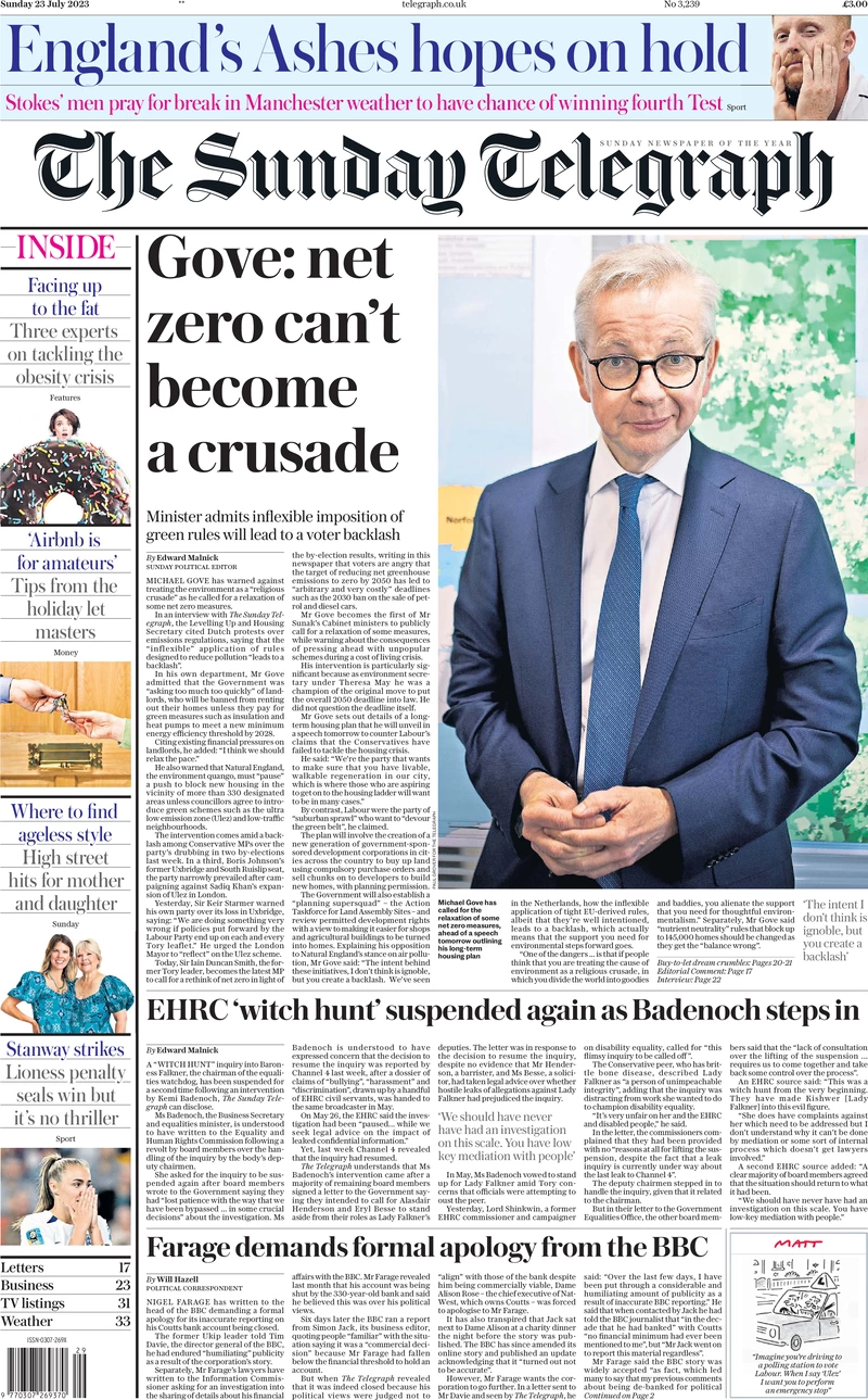 Sunday Telegraph: Gove: Net zero can’t become a crusade