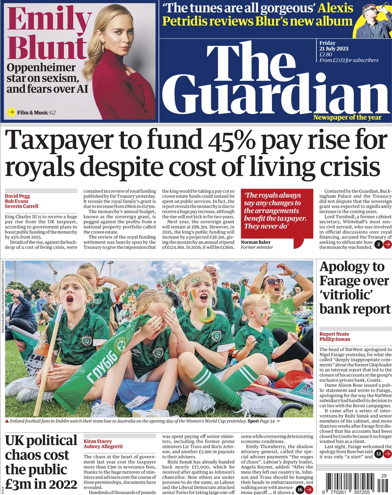 The Guardian - Taxpayer to fund 45% pay rise for royals despite cost of living crisis