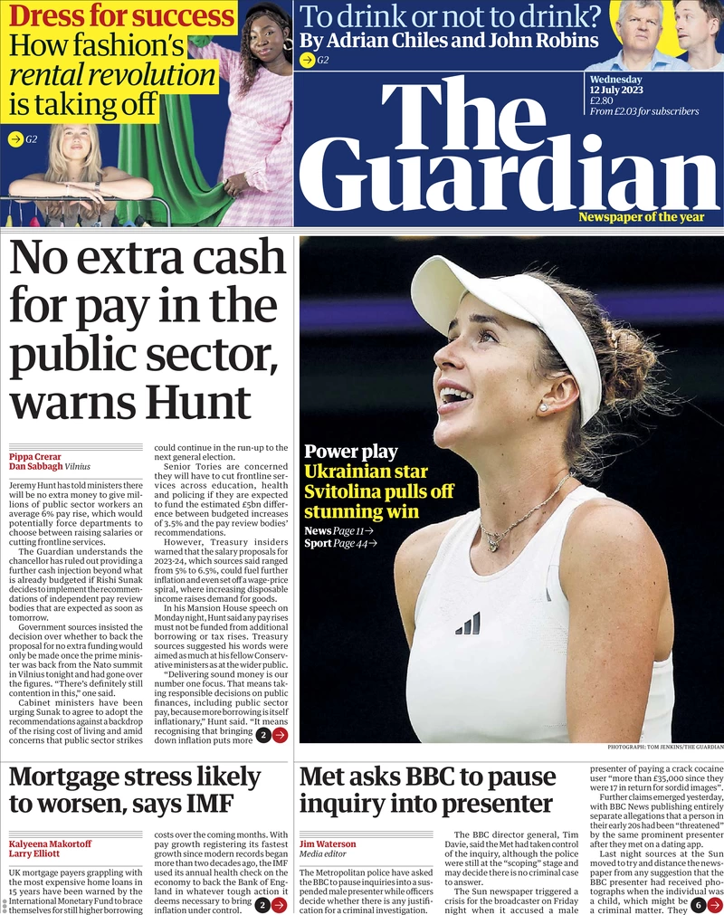 The Guardian - No extra cash for pay in the public sector, warns Hunt