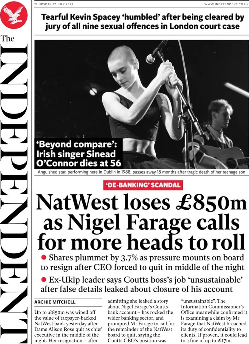 The Independent - NatWest loses £850m as Nigel Farage calls for more heads to roll