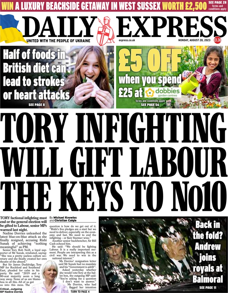 Daily Express - Tory infighting will give Labour the keys to No 10