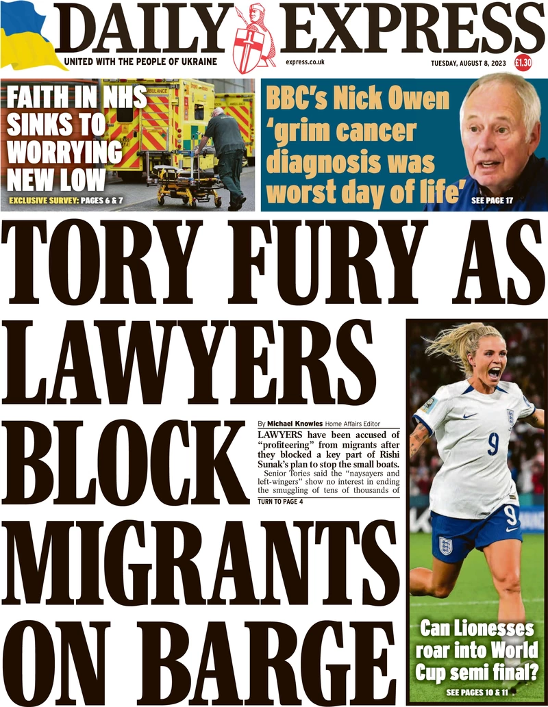 Daily Express - Tory fury as lawyers block migrants on barge