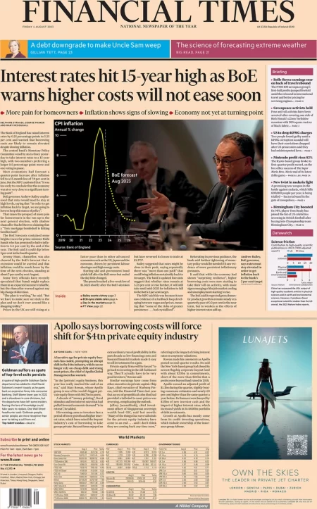 Financial Times – Interest rates hit 15 year high as BoE warns higher costs will not ease soon 