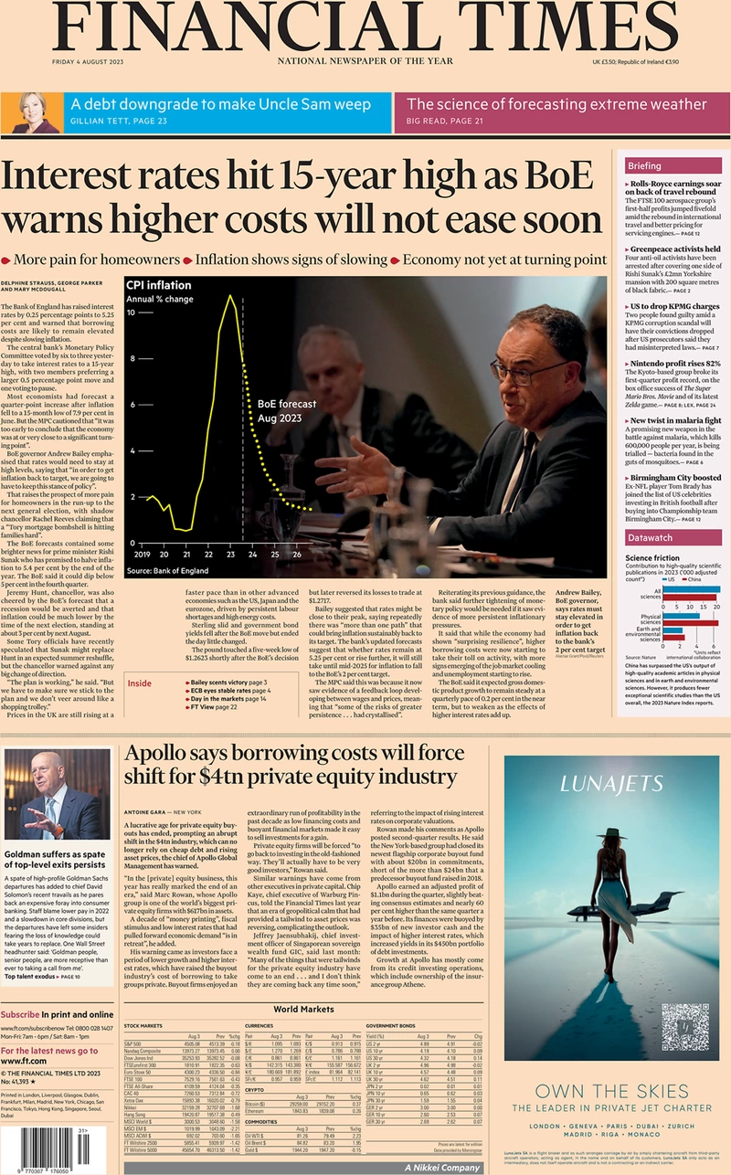Financial Times - Interest rates hit 15 year high as BoE warns higher costs will not ease soon 