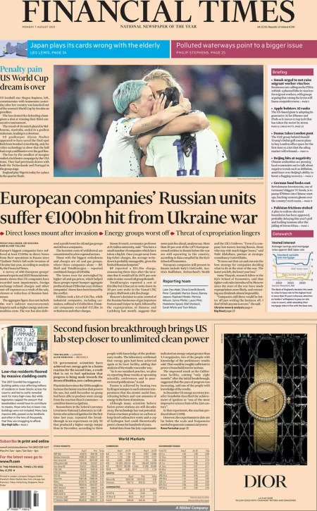 Financial Times - European companies’ Russian units suffer E100bn hit from Ukraine war