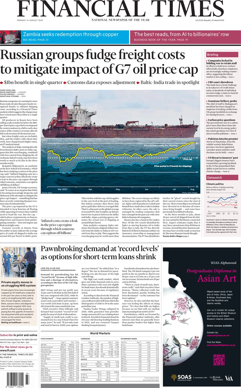 Financial Times - Russian groups fudge freight costs to mitigate impact of G7 oil price cap