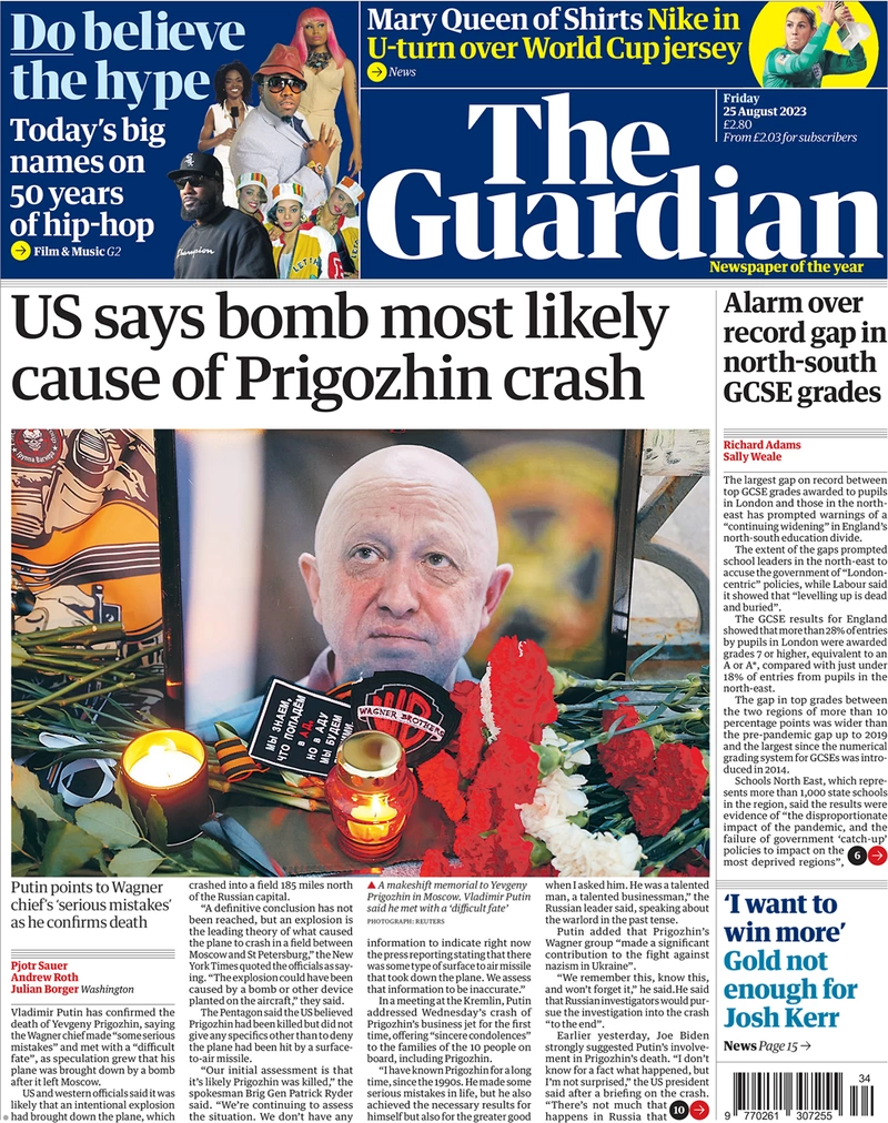 The Guardian - US says bomb most likely cause of Prigozhin crash