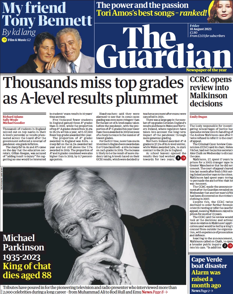 The Guardian- Thousands miss top grades as A-level results plummet