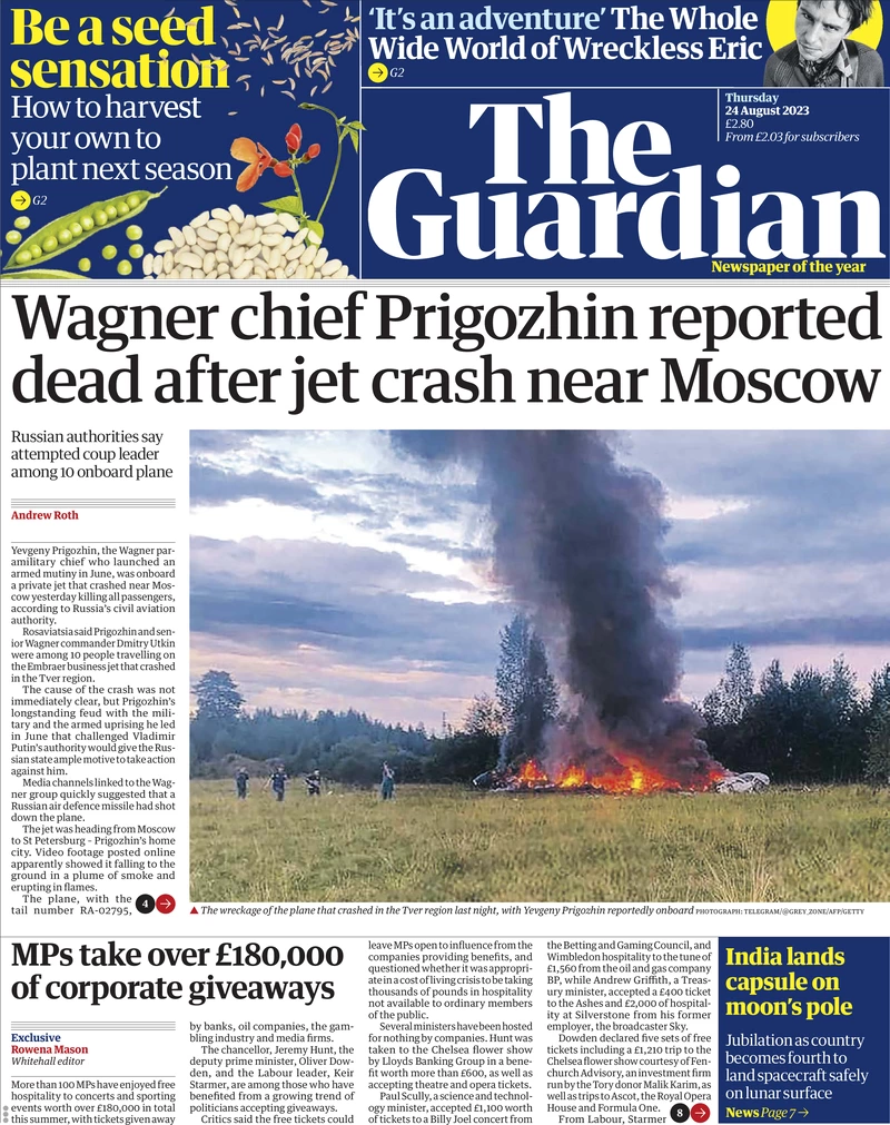 The Guardian - Wagner chief Prigozhin reported dead after jet crash near Moscow