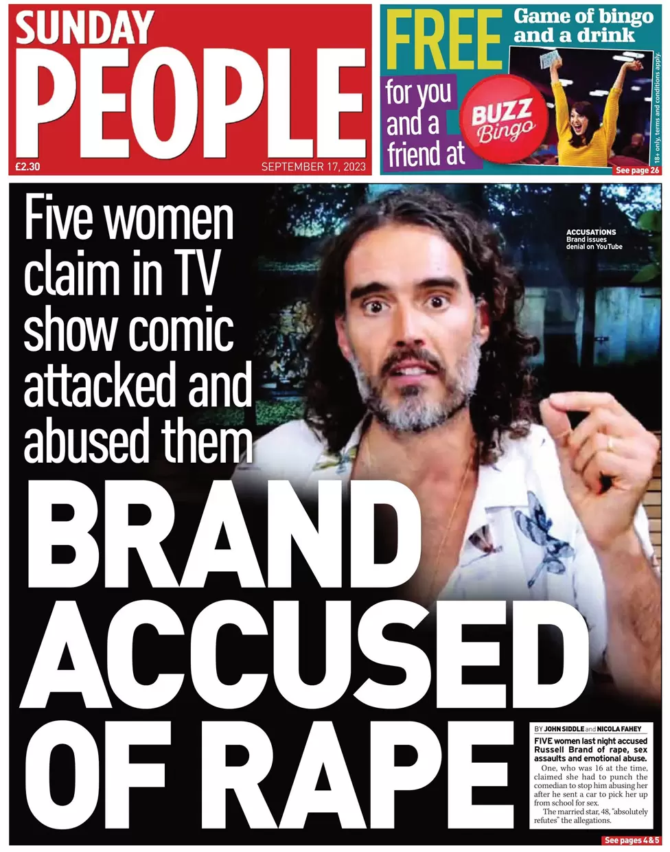 Sunday People - Five women claim in TV show comic attacked and abused them: Brand accused of rape