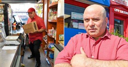 Shopkeeper sends knife-wielding robber packing after fighting him off with a parcel box