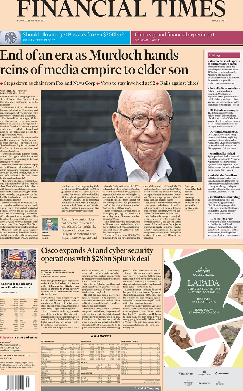 Financial Times -End of an era as Murdoch hands reign of media empire to elder son 