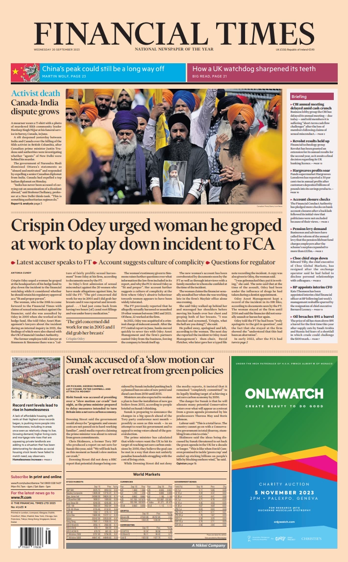 Financial Times - Crispin Odey urged woman he groped at work to downplay incident to FCA