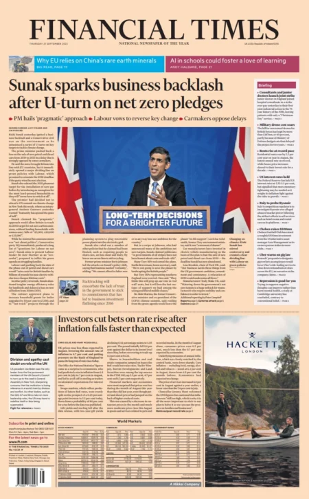 Financial Times - Sunak sparks business backlash after U-turn on net zero pledges