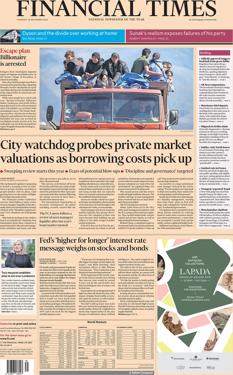 Financial Times - City watchdog probes private market valuations as borrowing costs picks up 