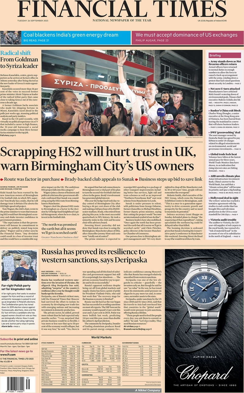 Financial Times - Scrapping HS2 will hurt trust in UK, warns Birmingham City’s US owners 