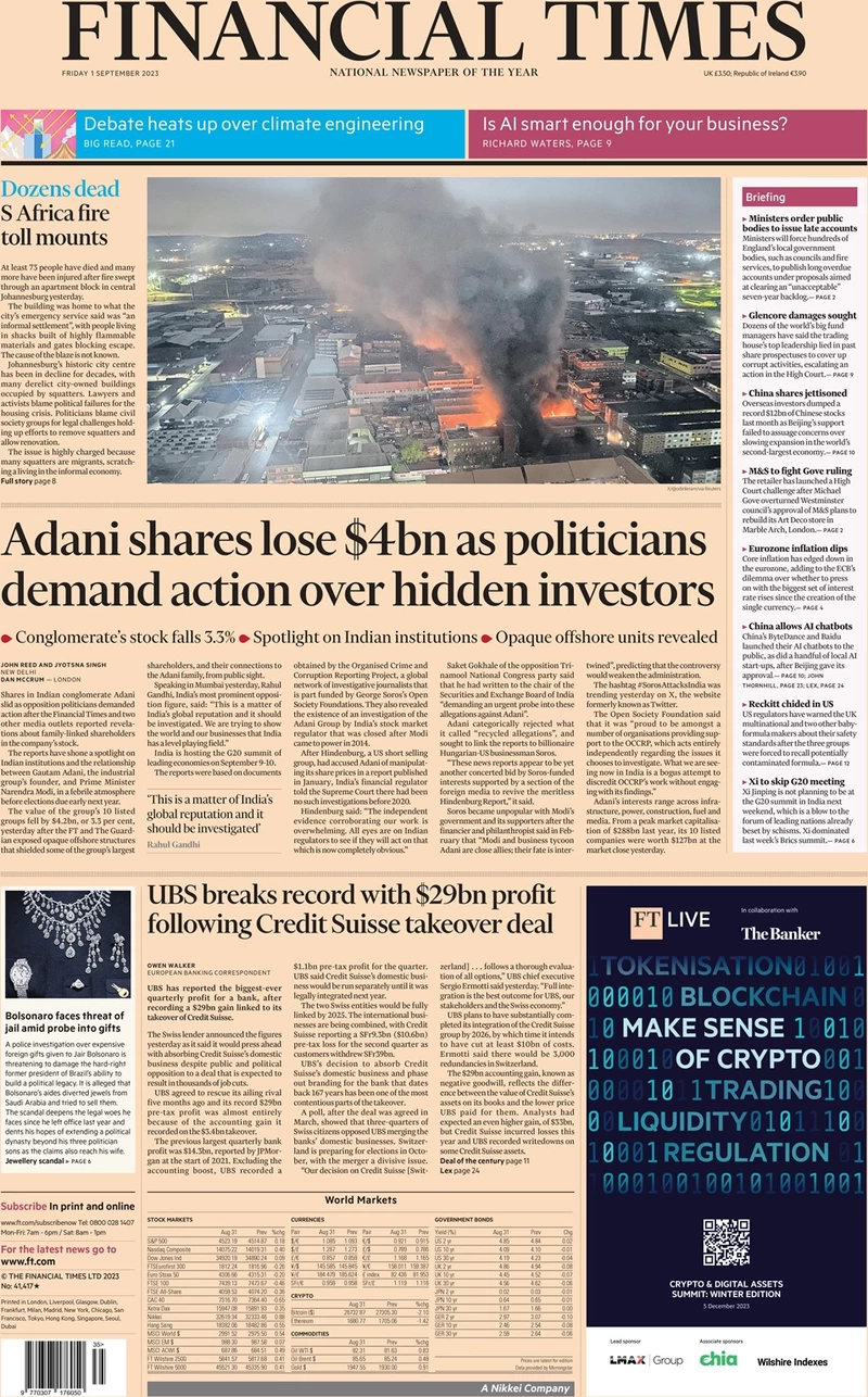 Financial Times - Adani shares lose $4bn as politicians demand action over hidden investors 