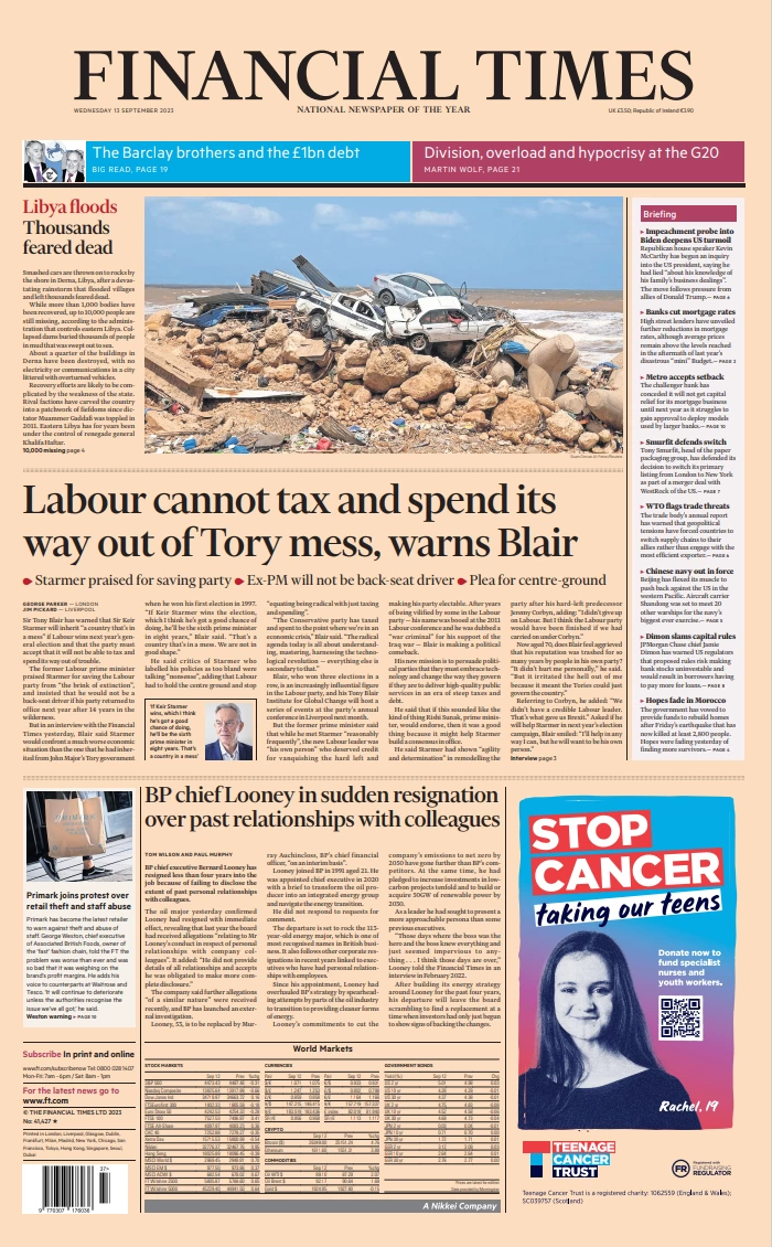 Financial Times - Labour cannot tax and spend its way out of Tory mess, warns Blair 