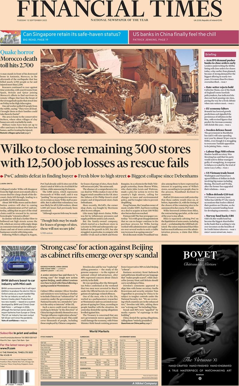 Financial Times - Wilko to close remaining 300 stores with 12,500 job losses as rescue mission fails 