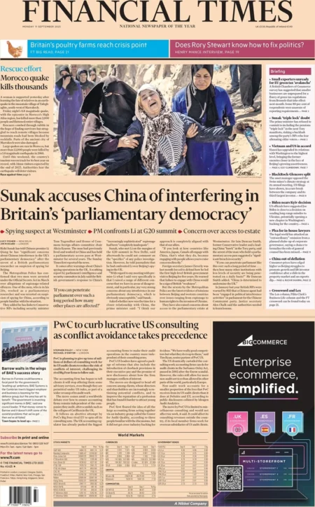 Financial Times – Sunak accuses China of interfering in Britain’s parliamentary democracy 