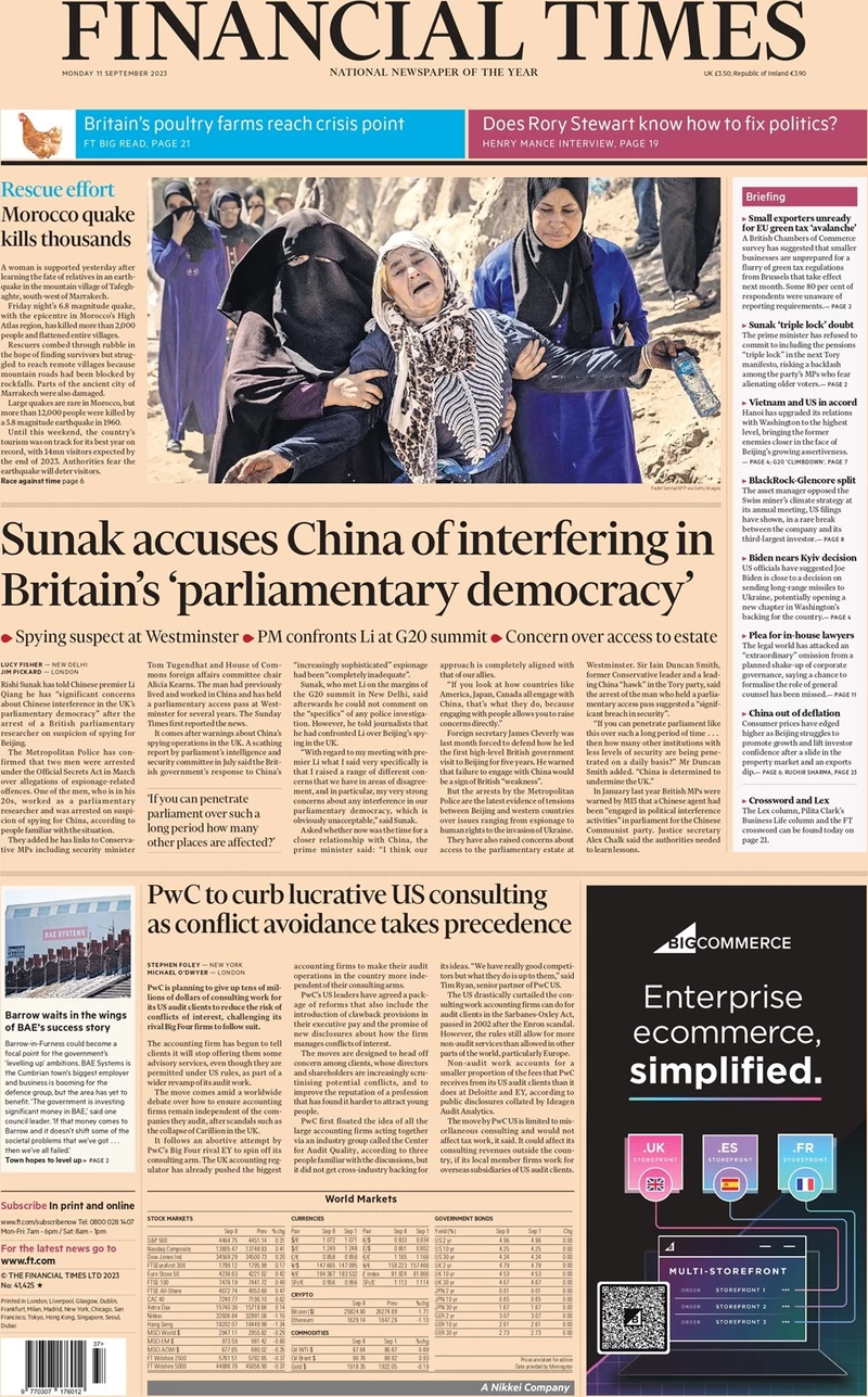 Financial Times - Sunak accuses China of interfering in Britain’s parliamentary democracy 