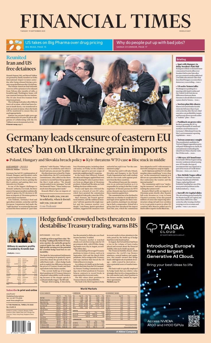 Financial Times - Germany leads censure of eastern EU states’ ban on Ukraine grain imports
