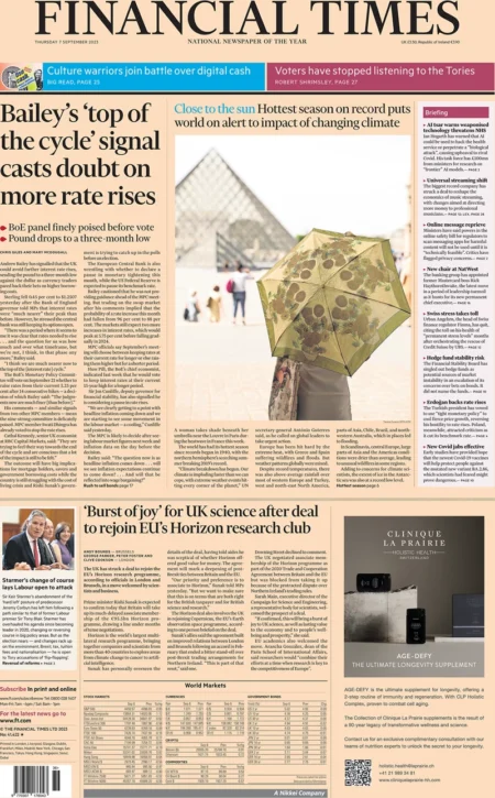 Financial Times – Bailey’s ‘top of the cycle’ signal casts doubt on more rate rises