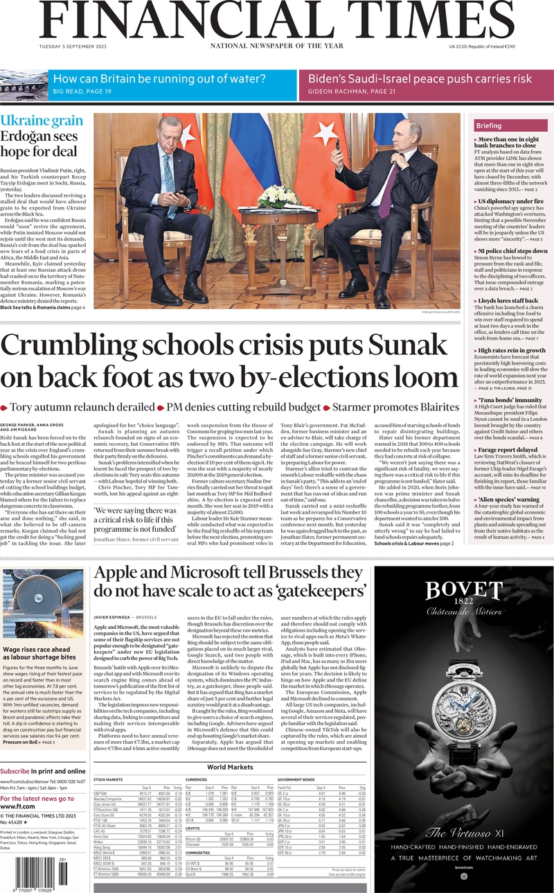 Financial Times - Crumbling schools crisis puts Sunak on back foot as two by-elections looms