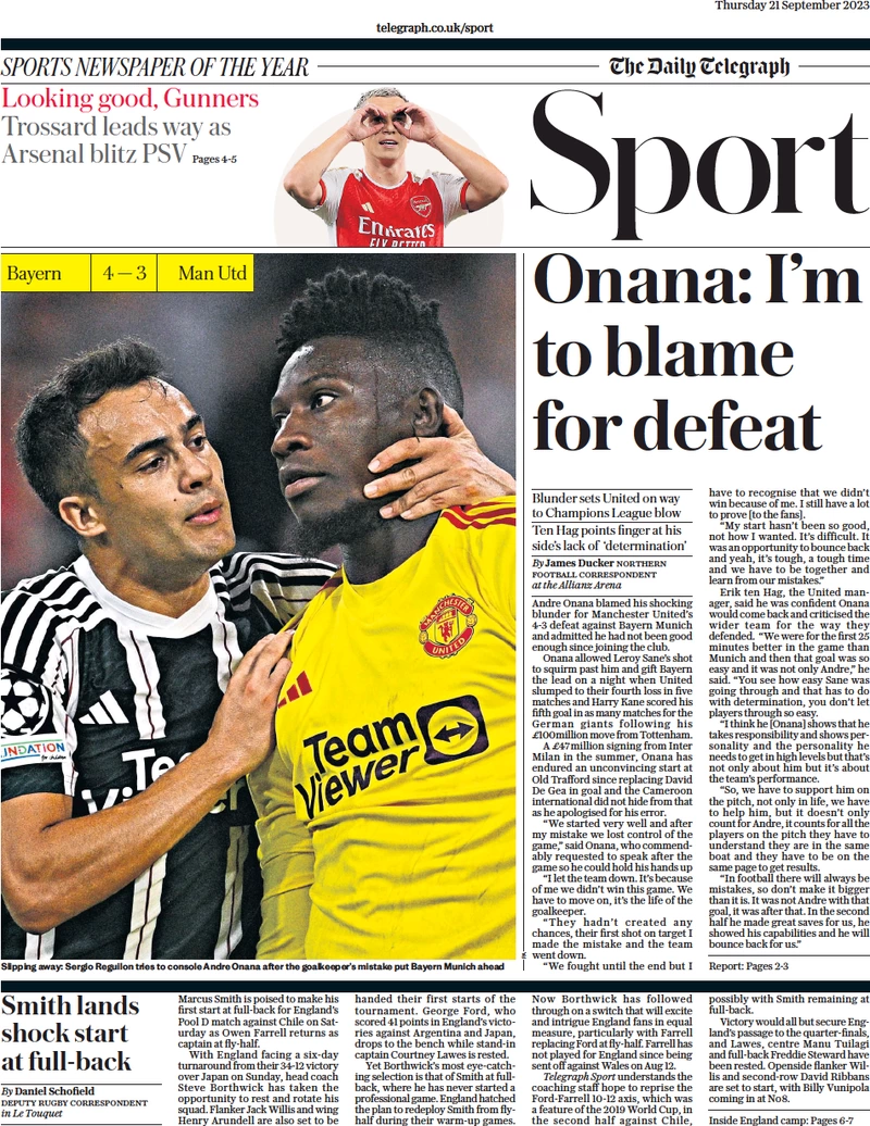 Telegraph Sport - Onana: I’m to blame for defeat   