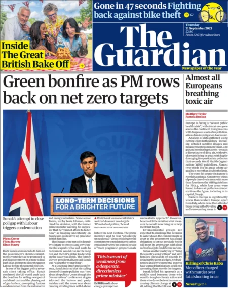 The Guardian - Green bonfire as PM rows back on net zero 