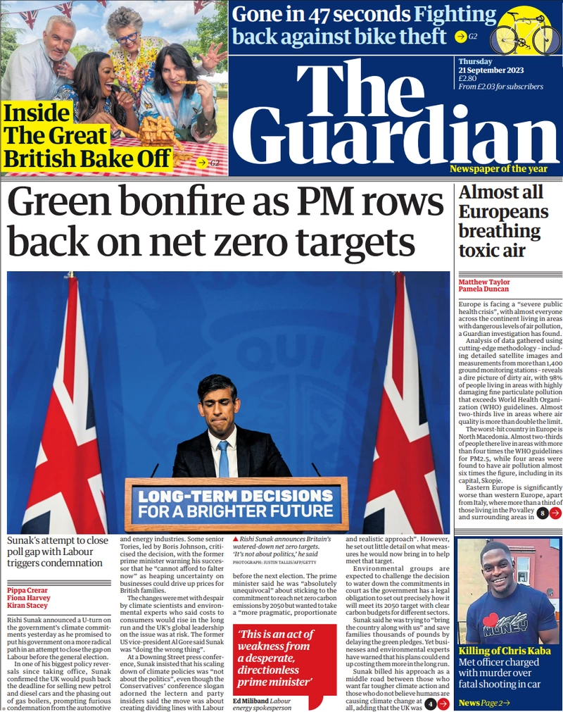 The Guardian - Green bonfire as PM rows back on net zero 