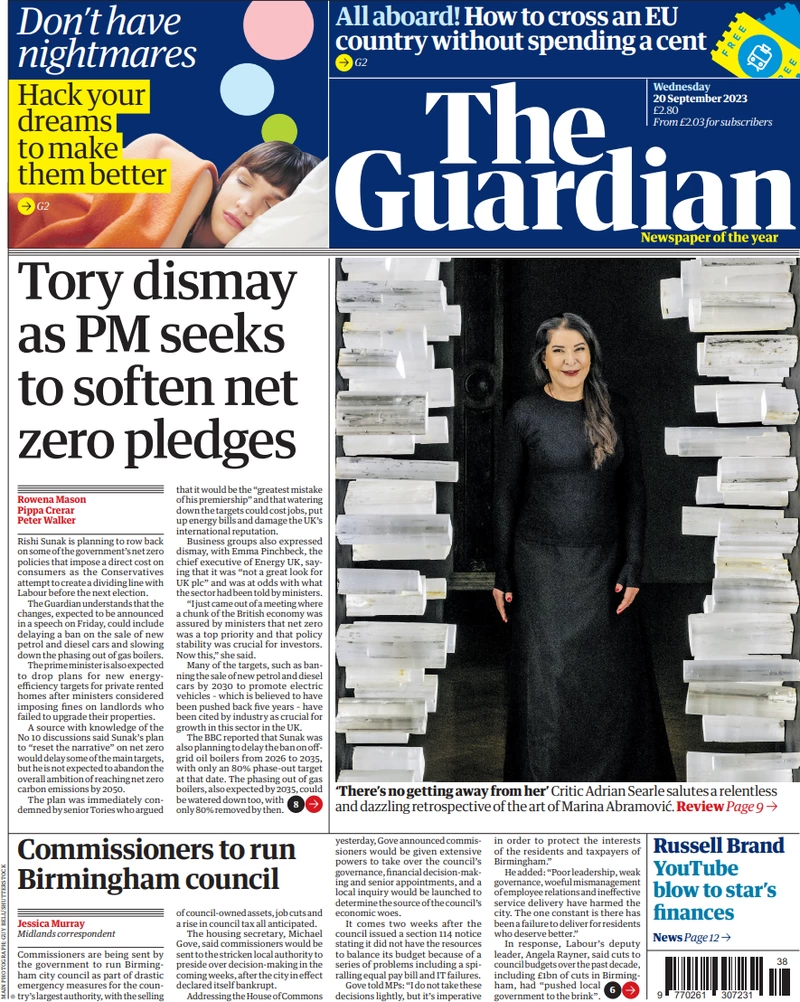The Guardian - Tory dismay as PM seeks to soften net zero pledges 