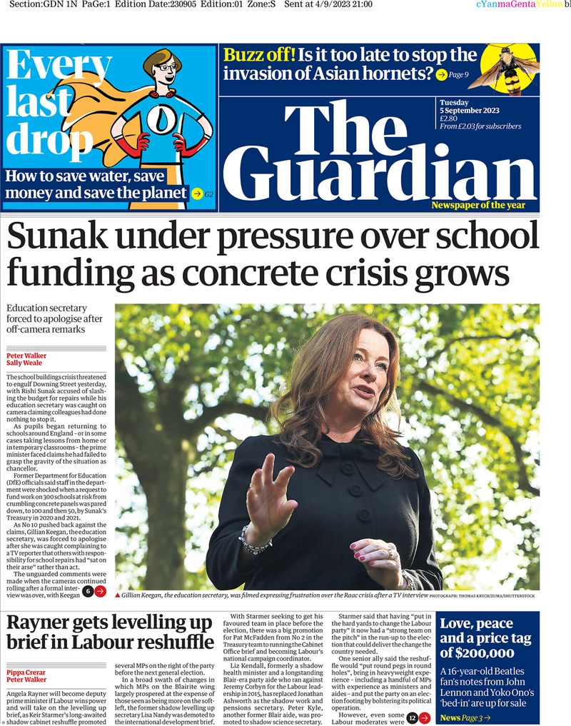 The Guardian - Sunak under pressure over school funding as concrete crisis grows 