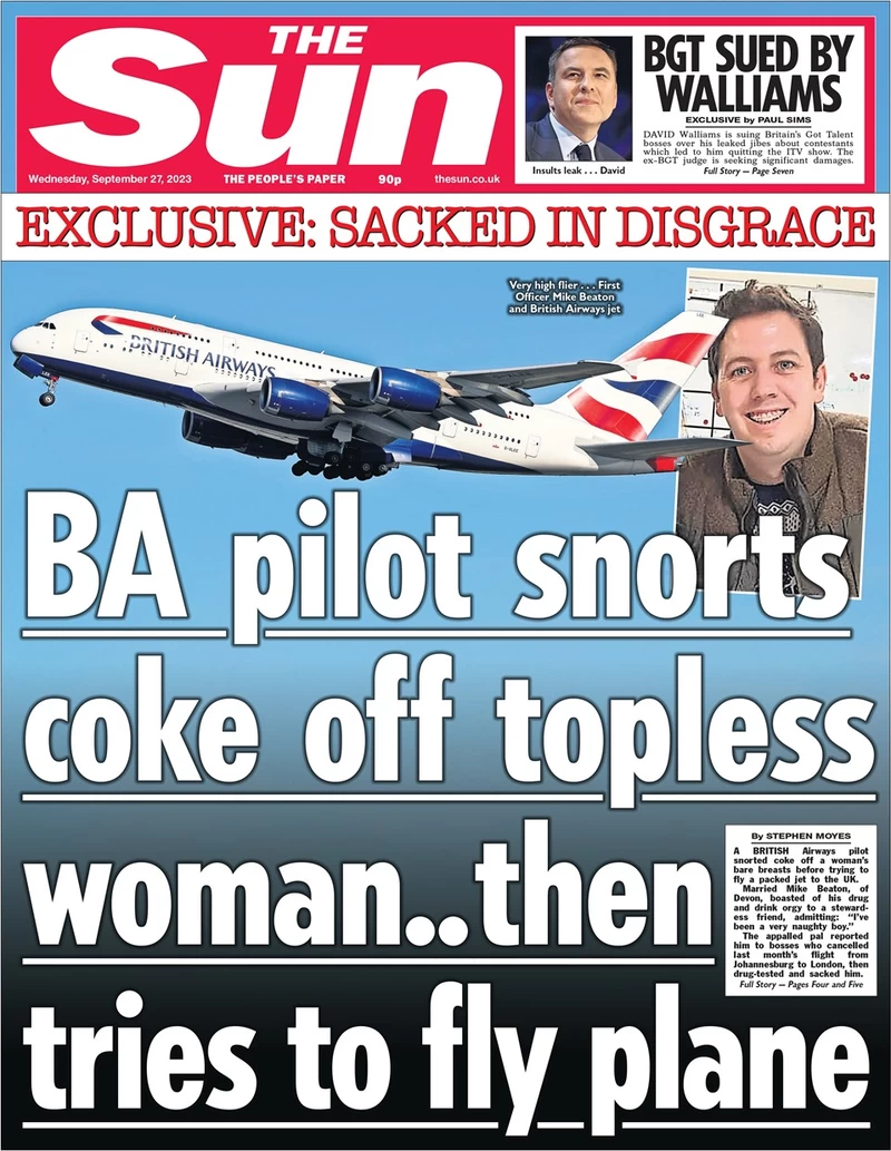 The Sun - BA pilot snorts coke off topless woman … then tries to fly plane